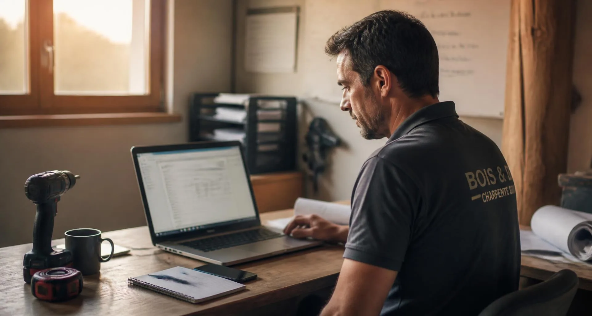 Artisan du bâtiment préparant un devis sur son ordinateur portable dans son atelier, entouré de ses outils et de ses plans